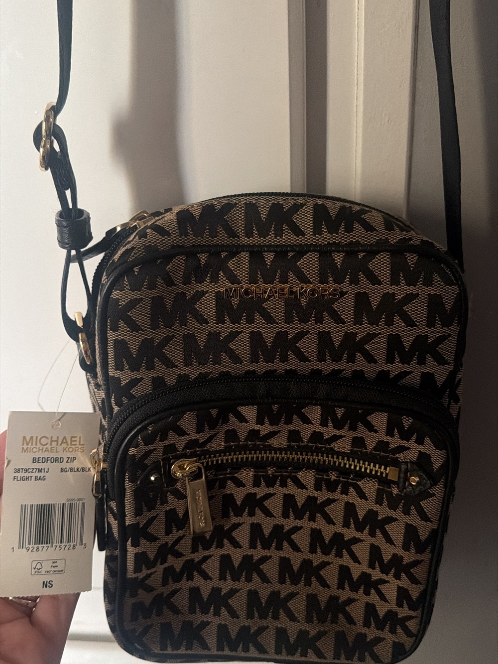 Michael Kors Monogram Bedford Zip Mini Crossbody in Brown and Black